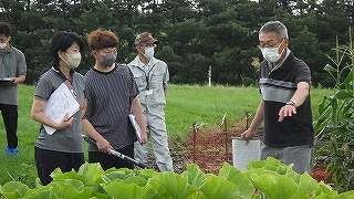 かぼちゃ試験区で熱心に話を聞く受講生